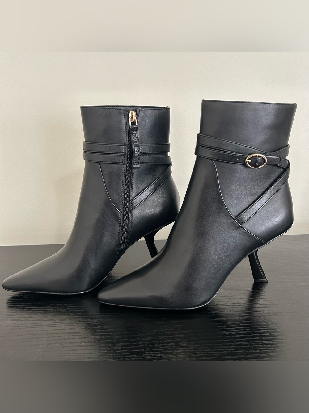 NWOB Karl Lagerfeld Karly Leather Pointed Toe Heeled Ankle Boots